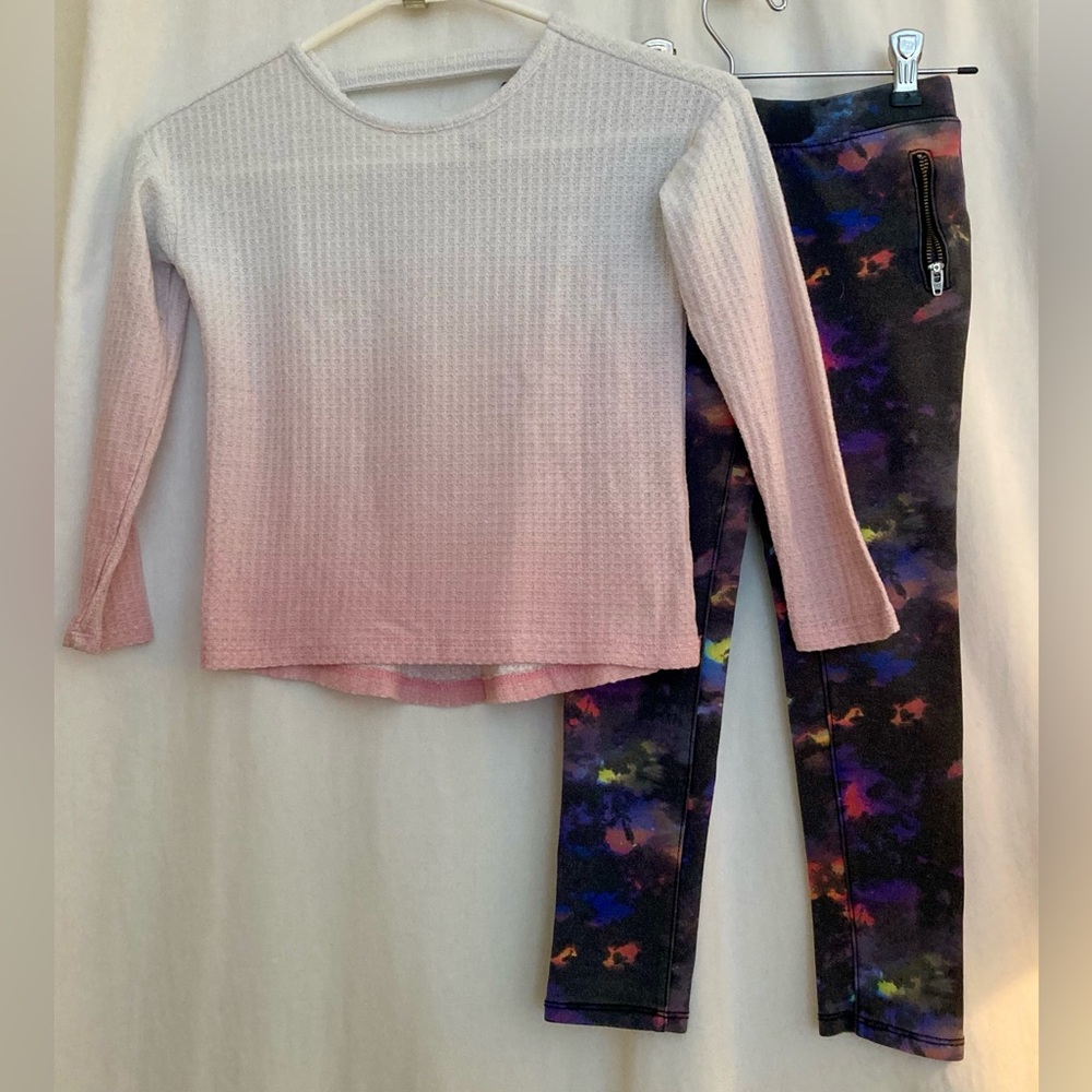 Pink Girls Ombre Sweater and Colorful Leggings Set Size 6